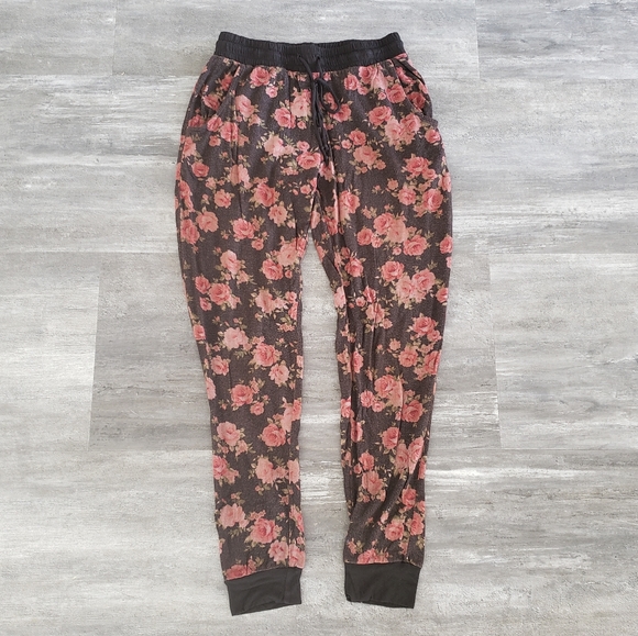 Black Pink Floral High Waisted Banded Sweats - Picture 1 of 3